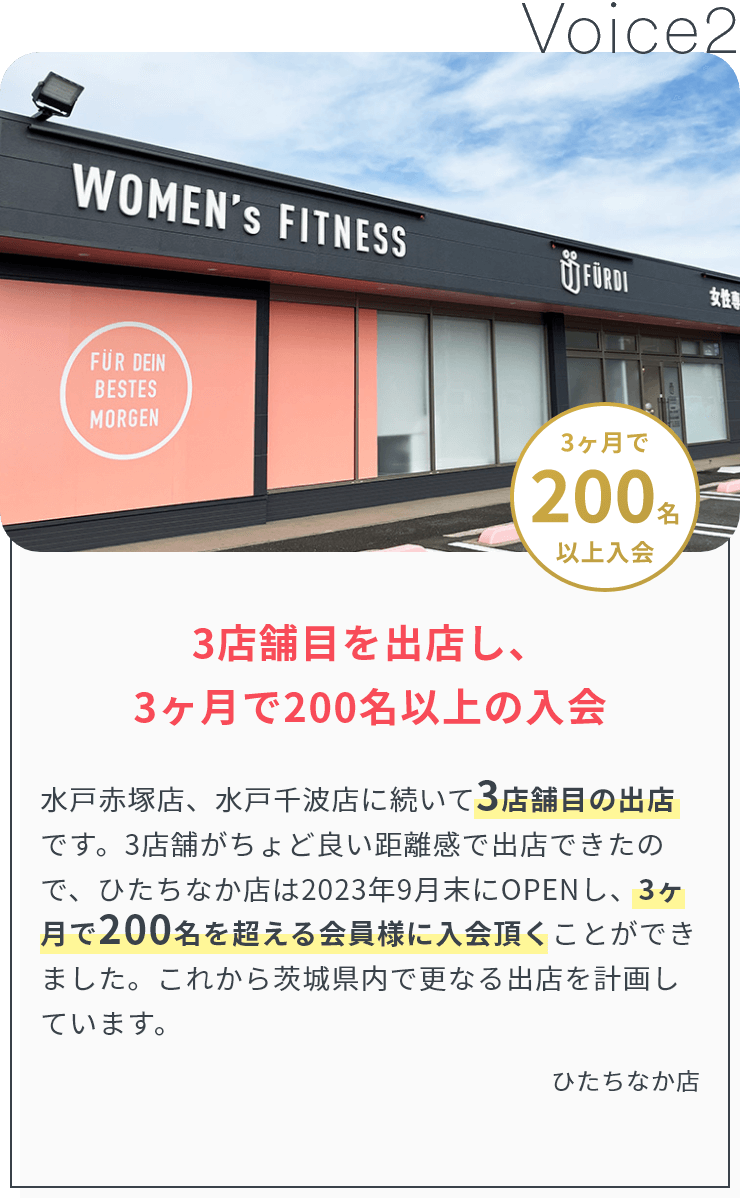 加盟店からの声2「3店舗目を出店し、3ヶ月で200名以上の入会」